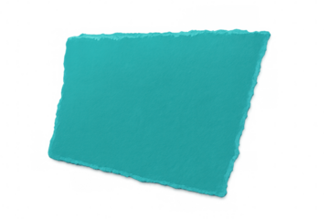 Turquoise paper sheet featuring artistic torn edges, floating against transparent background, highlighting textural graphic design element