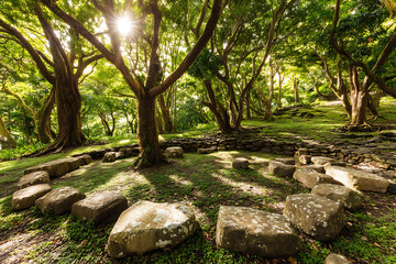 Naklejka premium Sunlit ancient stone circle in lush green forest
