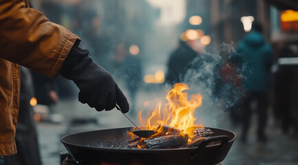 Person wearing black gloves is cooking over open flame in bustling street, creating warm and inviting atmosphere