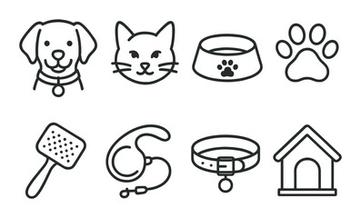 Pet care line icons set – linear, animal and grooming symbols