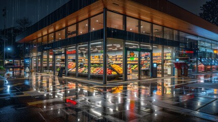 Modern grocery store facade at night with reflections.