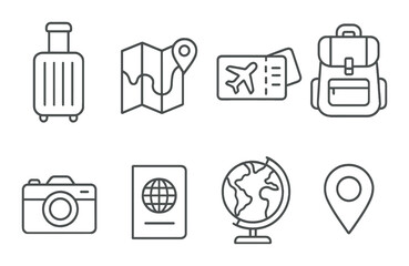 Travel and adventure line icons set – linear, exploration and journey symbols