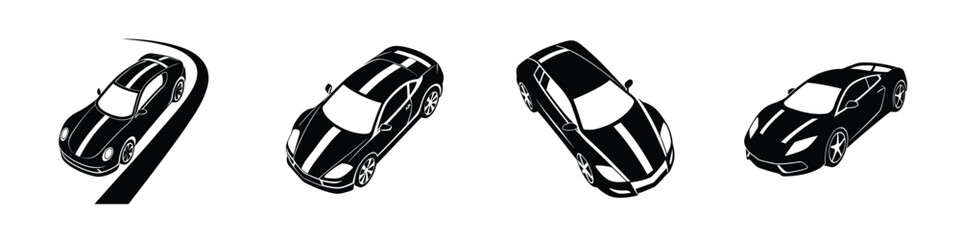 Fototapeta premium Bird�s-Eye View of Sculpted Sports Car Cruising Along Road Flat Silhouette on White Background