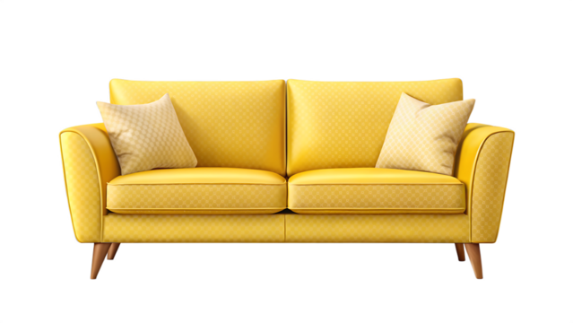 A bright yellow two-seater sofa with patterned cushions on a black background yellow sofa two seater sofa - Powered by Adobe