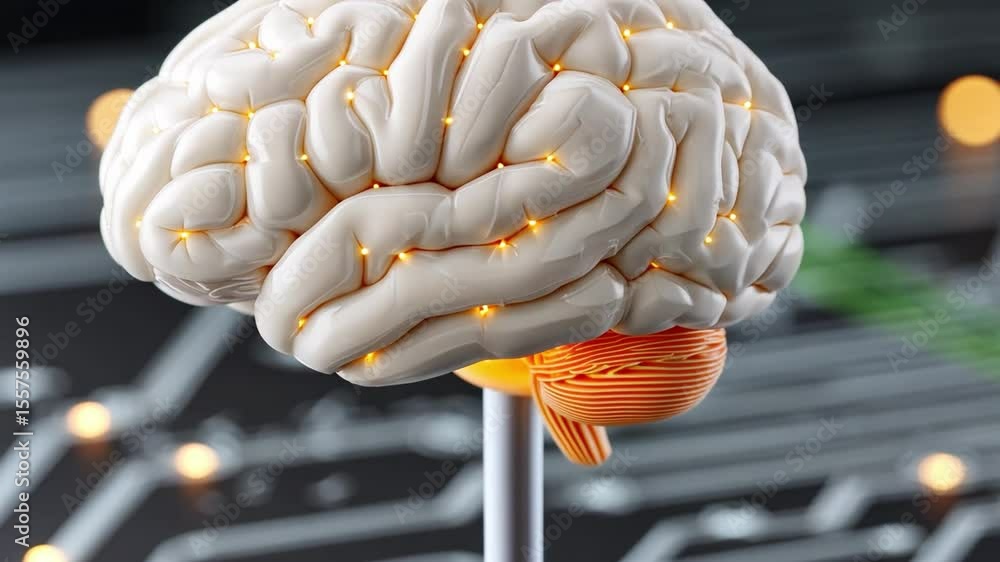 Fototapete Illuminated Brain: Digital rendering of the brain with internal points of light against the backdrop of a circuit board, symbolizing the convergence of intellect, technology, and innovation.