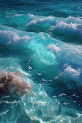 Turquoise ocean waves crashing, sunlit, with submerged rock