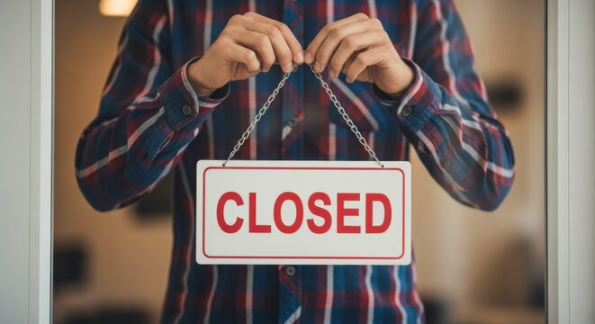 Closed sign business shop store retail door hanging businessman holding chain message information - Powered by Adobe