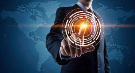 Businessman touching digital interface technology innovation future global connection network