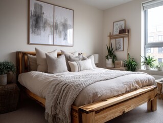 A bed with a white comforter and pillows. A picture of a city is on the wall