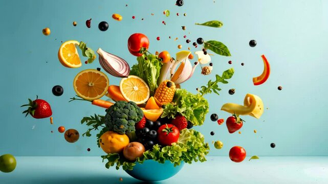 Fresh fruits and vegetables exploding from a bowl display of healthy eating and fresh ingredients.