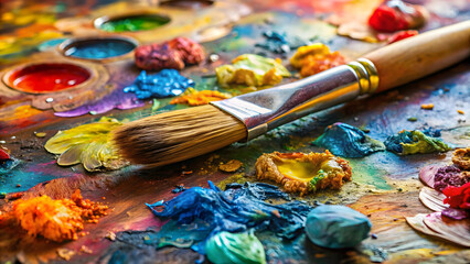 Fototapeta premium Paint brushes and palette with paints on a wooden background. Selective focus