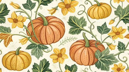 Seamless pattern vector illustration of pumpkins with yellow flowers and fresh green leaves.