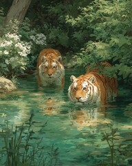 Two tigers wading in tranquil water amidst lush green foliage