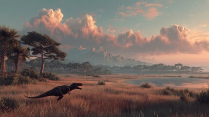 Tyrannosaurus Rex strides across a grassy landscape at dawn