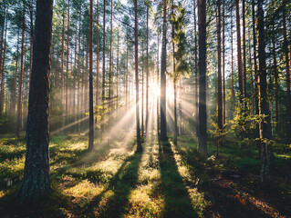 Fototapeta premium Sunbeams streaming through majestic pine forest