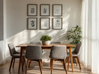 A table with six chairs and a potted plant in the middle. The chairs are grey and the table is wooden