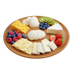 Cheese and fruit on wooden plate isolated on transparent background