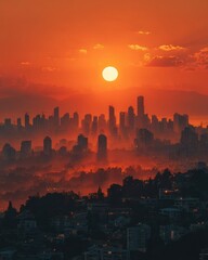 Urban cityscape bathed in the golden light of a vibrant sunset