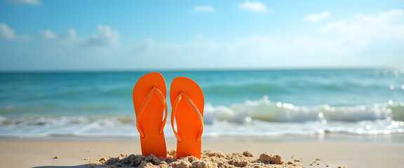Orange flip-flops on a sandy beach, with the ocean in the background, a perfect summer day.