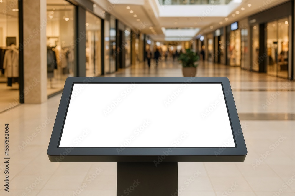 Poster modern interactive kiosk with blank white display providing information and wayfinding in shopping m