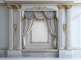 Obraz premium The room features a white wall with a gold frame and white curtains. The curtains are draped over the wall, creating a sense of depth and elegance. The frame is ornate