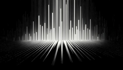 Vertical glowing lines ascend from reflective surface in darkness