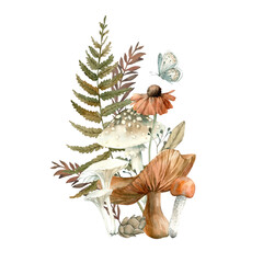 Autumn illustration with forest plants. Isolated on white background composition with mushrooms, fern, red leaves, butterfly, bump and branches. Hand drawn with watercolor. Template for postcards 