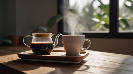 Steaming Coffee and Pot by Window