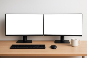 Workspace with two computer monitors showing blank white screen, keyboard, mouse and coffee cup on wooden desk