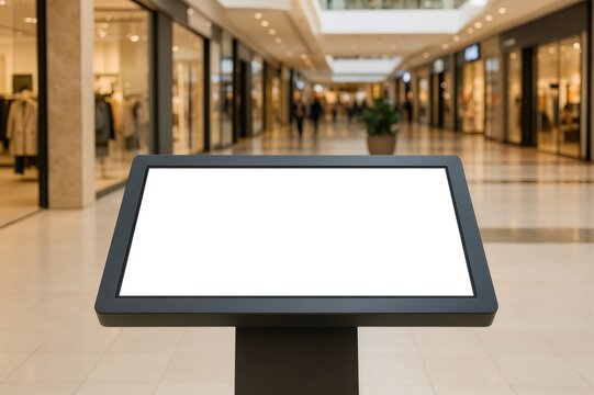 Modern interactive kiosk with blank white display providing information and wayfinding in shopping mall