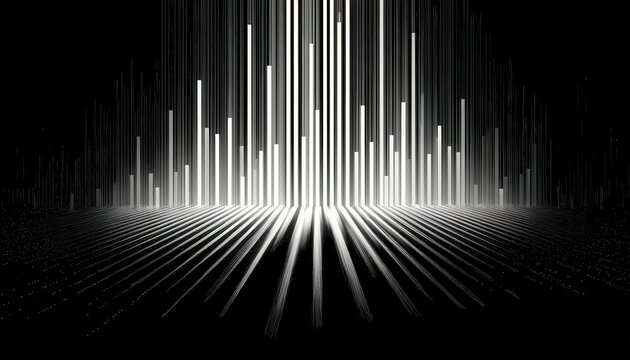 Vertical glowing lines ascend from reflective surface in darkness