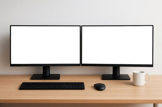 Workspace with two computer monitors showing blank white screen, keyboard, mouse and coffee cup on wooden desk