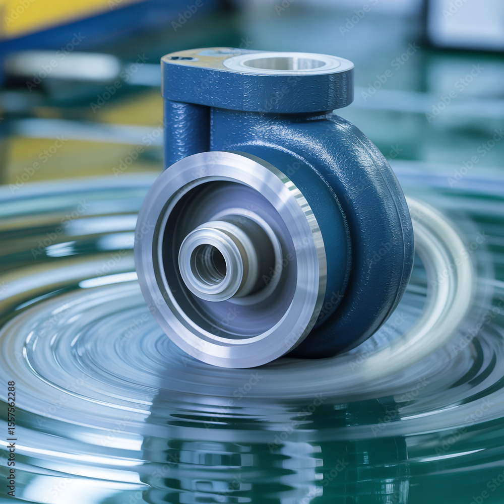 Poster close up of a blue metal part with a silver wheel on a reflective surface with circular patterns