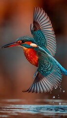 Vibrant kingfisher soaring over water with wings spread wide