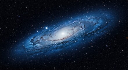 A spiral galaxy shines brightly against the dark backdrop of space, filled with countless stars.