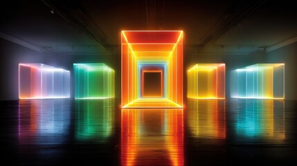 Vibrant illuminated cubes in a dark space, reflection on glossy floor
