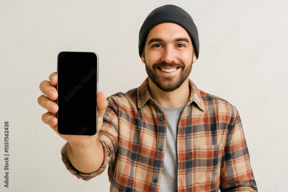 Poster young programmer smiling while holding a smartphone with a blank screen against a clean white backgr