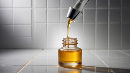 Golden Liquid Pouring into Glass Bottle