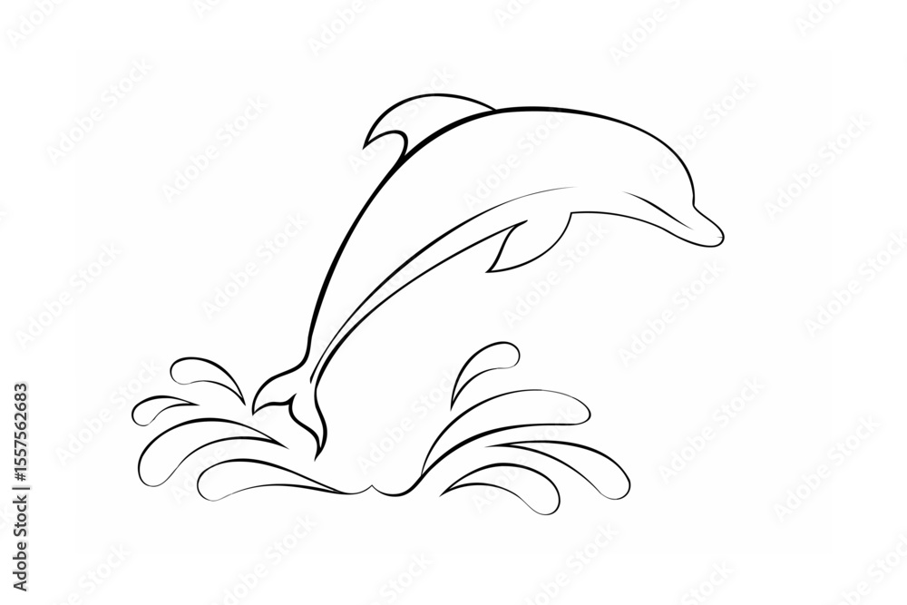 Poster a simple outlined dolphin leaping from the water creating splash elements