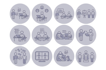 Set of line icons representing various business and productivity activities: analysis, teamwork, data management, and remote collaboration