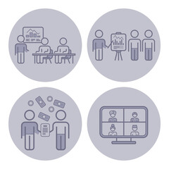 Collection of four distinct icons representing business activities. Meetings with charts, teamwork, collaborative data presentations, and virtual discussions