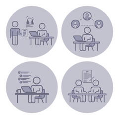 Collection of line icons illustrating various activities related to teamwork, productivity, and collaboration in professional setting