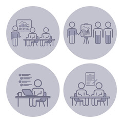 Collection of line icons representing various business activities. Teamwork, data presentation, task management, and strategic planning in modern office setting