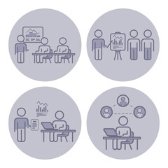 Icon collection of various business activities, including presentations, teamwork, report analysis, and remote collaboration, highlighting modern work dynamics