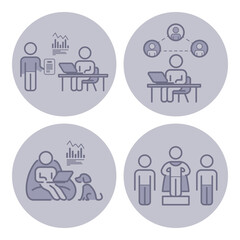 Collection of icons depicting various work-related scenarios, including data analysis, team collaboration, remote work with pet, and showcasing success
