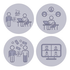 Collection of line icons illustrating business activities including data analysis, teamwork, document sharing, and virtual meetings. Collaboration concept