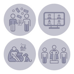 Collection of four icons showing diverse activities such as collaboration, online meetings, data analysis, and personal development. Contemporary working environments concept