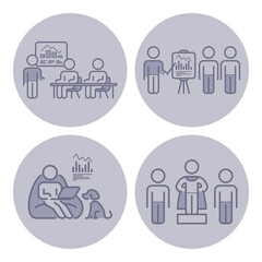 Four unique icons of different activities including presentations, teamwork, casual work with pets, and superhero role modeling