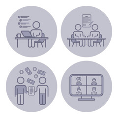People engaged in various collaborative activities, including online discussions, brainstorming sessions, and presentation sharing. Teamwork and communication among participants concept