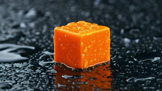 Orange square block on dark wet surface